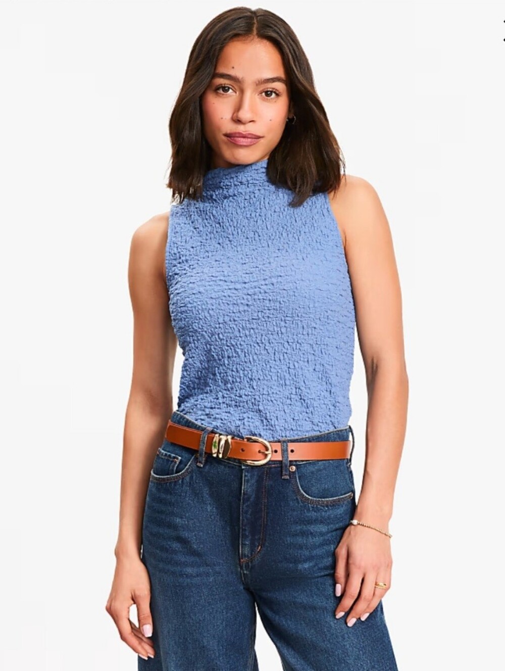 Loft Size S Blue Puckered Mock Neck Sleeveless Tank Top Shirt